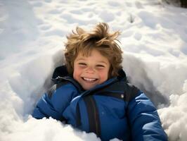 ragazzo gode il inverno nevoso giorno nel giocoso posa ai generativo foto