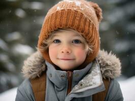 ragazzo gode il inverno nevoso giorno nel giocoso posa ai generativo foto