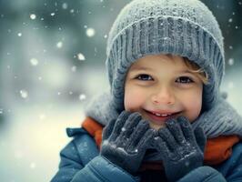 ragazzo gode il inverno nevoso giorno nel giocoso posa ai generativo foto