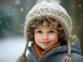 ragazzo gode il inverno nevoso giorno nel giocoso posa ai generativo foto