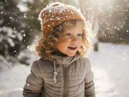 ragazzo gode il inverno nevoso giorno nel giocoso posa ai generativo foto