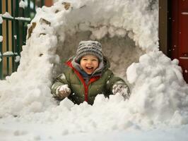 ragazzo gode il inverno nevoso giorno nel giocoso posa ai generativo foto