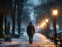 uomo gode un' senza fretta camminare su un' inverno giorno ai generativo foto