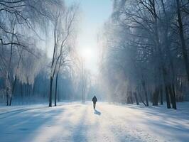 uomo gode un' senza fretta camminare su un' inverno giorno ai generativo foto