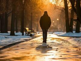 uomo gode un' senza fretta camminare su un' inverno giorno ai generativo foto