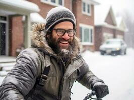 uomo gode il inverno nevoso giorno nel giocoso posa ai generativo foto