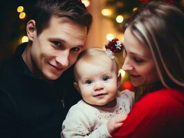 il famiglia gode festeggiare Natale vigilia insieme ai generativo foto