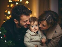 il famiglia gode festeggiare Natale vigilia insieme ai generativo foto