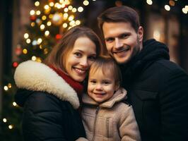 il famiglia gode festeggiare Natale vigilia insieme ai generativo foto