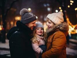 il famiglia gode festeggiare Natale vigilia insieme ai generativo foto