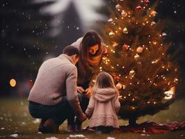 il famiglia gode festeggiare Natale vigilia insieme ai generativo foto