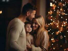 il famiglia gode festeggiare Natale vigilia insieme ai generativo foto