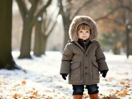 ragazzo gode un' senza fretta camminare nel un' inverno giorno ai generativo foto