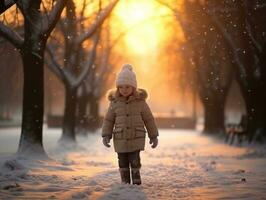 ragazzo gode un' senza fretta camminare nel un' inverno giorno ai generativo foto