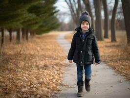 ragazzo gode un' senza fretta camminare nel un' inverno giorno ai generativo foto