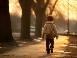 ragazzo gode un' senza fretta camminare nel un' inverno giorno ai generativo foto