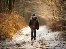 ragazzo gode un' senza fretta camminare nel un' inverno giorno ai generativo foto