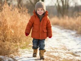 ragazzo gode un' senza fretta camminare nel un' inverno giorno ai generativo foto