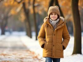 ragazzo gode un' senza fretta camminare nel un' inverno giorno ai generativo foto