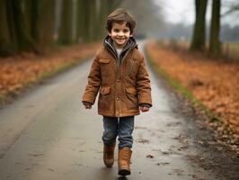 ragazzo gode un' senza fretta camminare nel un' inverno giorno ai generativo foto