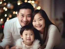 asiatico famiglia gode festeggiare Natale vigilia insieme ai generativo foto