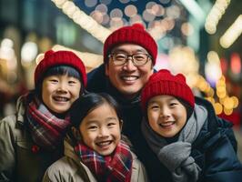 asiatico famiglia gode festeggiare Natale vigilia insieme ai generativo foto