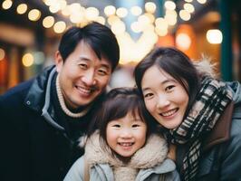 asiatico famiglia gode festeggiare Natale vigilia insieme ai generativo foto