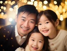 asiatico famiglia gode festeggiare Natale vigilia insieme ai generativo foto