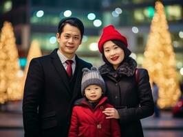asiatico famiglia gode festeggiare Natale vigilia insieme ai generativo foto