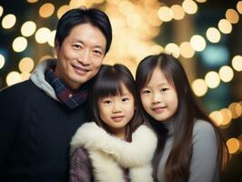 asiatico famiglia gode festeggiare Natale vigilia insieme ai generativo foto