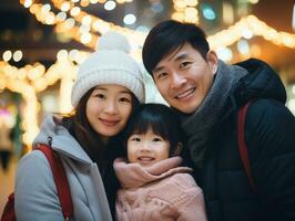 asiatico famiglia gode festeggiare Natale vigilia insieme ai generativo foto