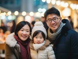 asiatico famiglia gode festeggiare Natale vigilia insieme ai generativo foto