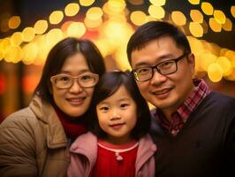 asiatico famiglia gode festeggiare Natale vigilia insieme ai generativo foto