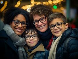 il interrazziale famiglia gode festeggiare Natale vigilia insieme ai generativo foto