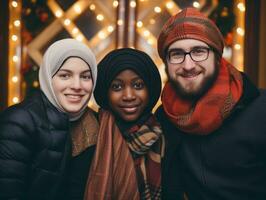 il interrazziale famiglia gode festeggiare Natale vigilia insieme ai generativo foto