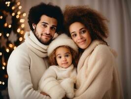 il interrazziale famiglia gode festeggiare Natale vigilia insieme ai generativo foto