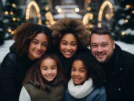 il interrazziale famiglia gode festeggiare Natale vigilia insieme ai generativo foto