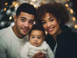 il interrazziale famiglia gode festeggiare Natale vigilia insieme ai generativo foto