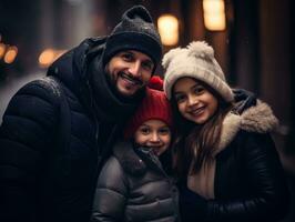 il interrazziale famiglia gode festeggiare Natale vigilia insieme ai generativo foto