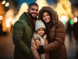 il interrazziale famiglia gode festeggiare Natale vigilia insieme ai generativo foto