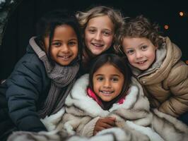 il interrazziale famiglia gode festeggiare Natale vigilia insieme ai generativo foto