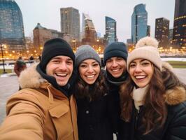 il interrazziale famiglia gode festeggiare Natale vigilia insieme ai generativo foto