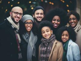 il interrazziale famiglia gode festeggiare Natale vigilia insieme ai generativo foto