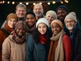 il interrazziale famiglia gode festeggiare Natale vigilia insieme ai generativo foto