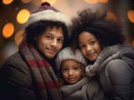 il interrazziale famiglia gode festeggiare Natale vigilia insieme ai generativo foto