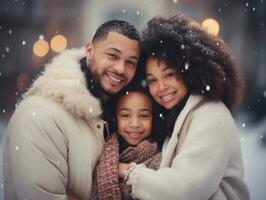 il interrazziale famiglia gode festeggiare Natale vigilia insieme ai generativo foto