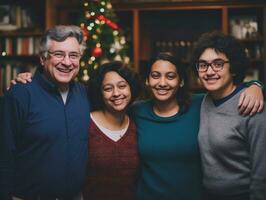 il interrazziale famiglia gode festeggiare Natale vigilia insieme ai generativo foto