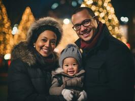 il interrazziale famiglia gode festeggiare Natale vigilia insieme ai generativo foto