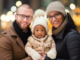 il interrazziale famiglia gode festeggiare Natale vigilia insieme ai generativo foto