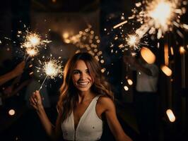 donna frequentando un' nuovo anno vigilia festa nel un elegante toga ai generativo foto